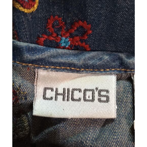 Chicos Jacket Womens 2 Blue Embroidered Boho Open Front Cotton Floral Houses - Picture 5 of 7